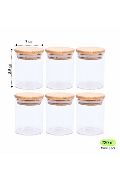 LADYNUR 6 Pieces Wide Glass Bamboo Spice Dispenser - Vacuum Lid, 220ml / 8.5cm x 7cm
