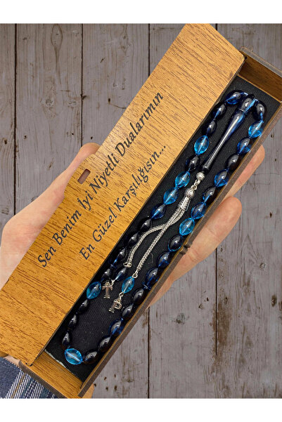 KANUNİ TESBİH Mărgele de rugăciune albastru petrol cu litere de orz tăiat, cu cutie de lemn