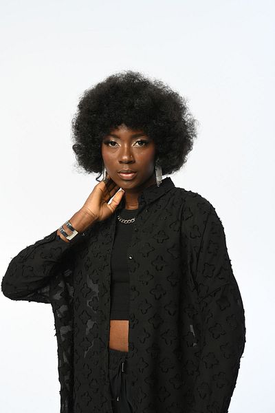 FURKAN EXCLUSIVE Black Patterned Thin Chiffon Oversize Women's Shirt - Standard Size