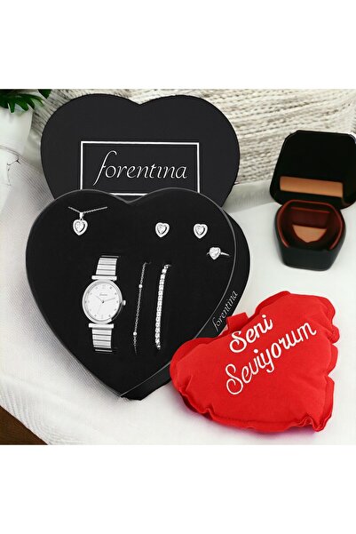 Forentina Gümüş Kaplama Kolye Küpe Bileklik Yüzük Saat Kalpli Yastık Hediye S...