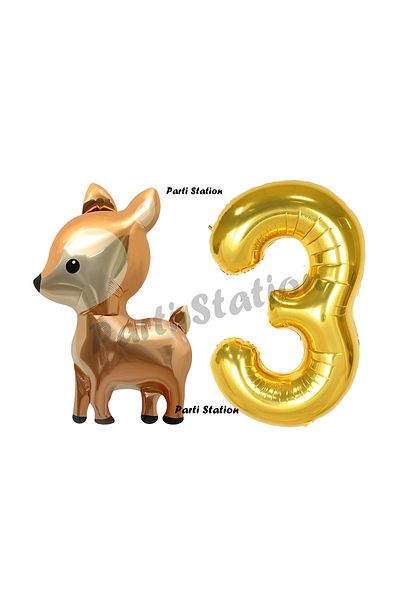 Parti Station Woodland Deer 3 Years Old Balloon Set - Cute Gazelle and Gold Number Balloon, for Birthday