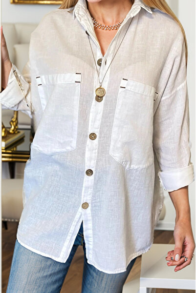 Cassime Ecru Stone Wooden Buttoned Cotton Linen Women's Shirt