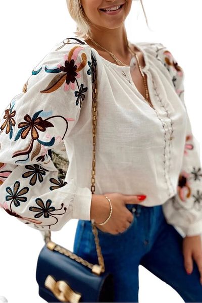 Cassime Ecru Women's Blouse - Embroidered Sleeves and Design Embroidered