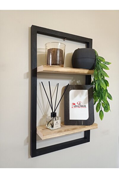ViraHome Lüx Dekoratif Siyah Ahşap Çerçeveli Iki Katlı Duvar Rafı Çiçeklik Duvar Süsü Ev Antre Balkon Rafı