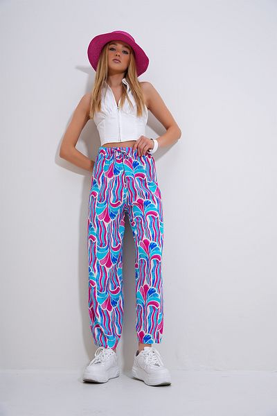 Trend Alaçatı Stili Saks Patterned Viscose Women's Trousers - Elastic Waist, ALC-X12358