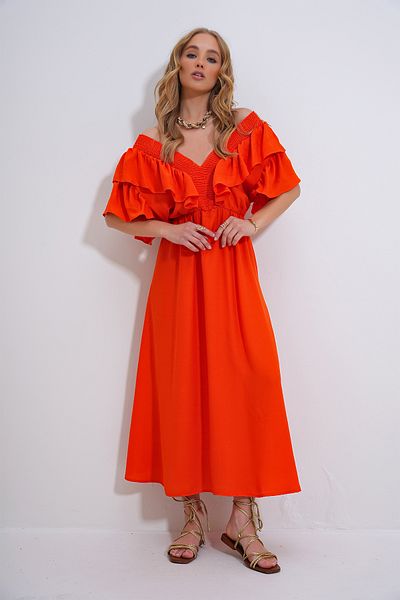 Trend Alaçatı Stili Korallenfarbenes Damenkleid - Guiped-Kragen, Volant-Taille, Gürteldetail, Midiboy ALC-X8559