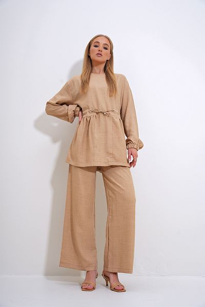 Trend Alaçatı Stili Beige Crew Neck and Belt Palazzo Trousers Tunic - ALC-X12299
