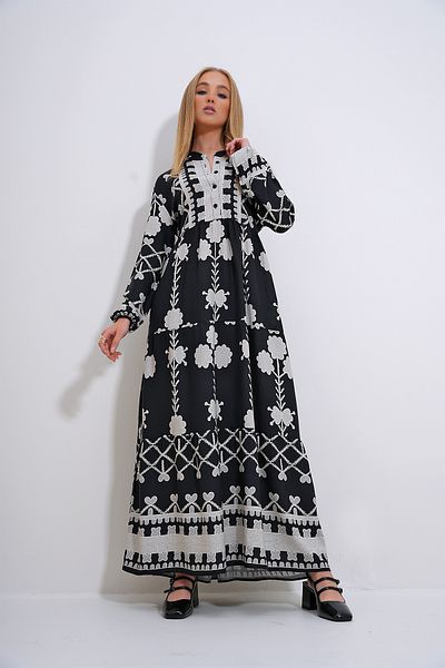 Trend Alaçatı Stili Black Viscose Hijab Dress - Prevailing Collar, Button and Pattern ALC-X12283