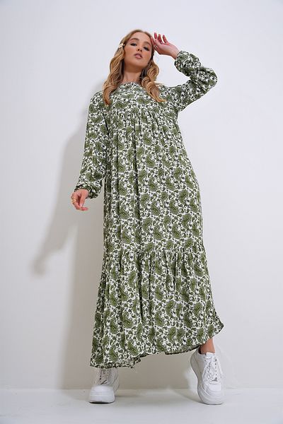 Trend Alaçatı Stili Green Viscose Dress - Crew Neck, Patterned Skirt, Flounced ALC-X12361