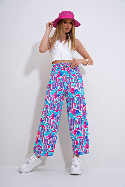 Trend Alaçatı Stili Saks mintás viszkóz női nadrág - elasztikus derék, ALC-X12358