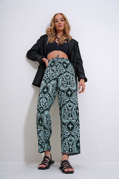 Trend Alaçatı Stili Green Viscose Trousers - Elastic Waist, Patterned, ALC-X12358