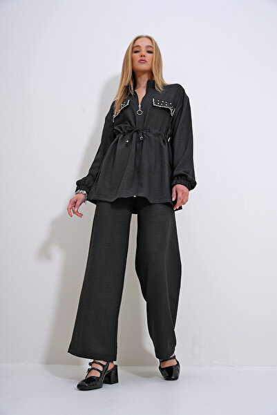Trend Alaçatı Stili Black Stone Embroidered Belted Jacket and Palazzo Pants Set - Stand Collar, Zipper Detail ALC-X12305