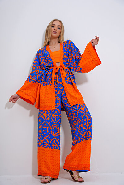 Trend Alaçatı Stili Saks Orange kimonó és Palazzo nadrág szett - ALC-X11751