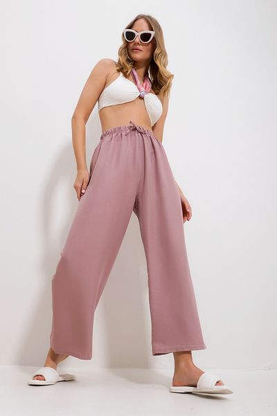 Trend Alaçatı Stili Powder Pink Wide Leg Women's Trousers - Elastic Waist ALC-X11883