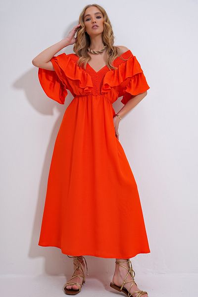 Trend Alaçatı Stili Korallenfarbenes Damenkleid - Guiped-Kragen, Volant-Taille, Gürteldetail, Midiboy ALC-X8559