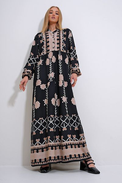 Trend Alaçatı Stili Beige Viscose Hijab Dress - Chief Collar, Buttoned Pattern ALC-X12283