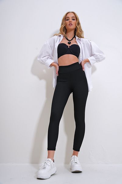 Trend Alaçatı Stili Černé dámské punčochové kalhoty Lycra s vysokým pasem - ALC-X12364
