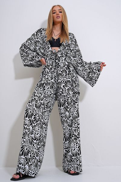 Trend Alaçatı Stili Schwarz-weißes Set aus Kimono und Palazzo-Hosen - ALC-X11751