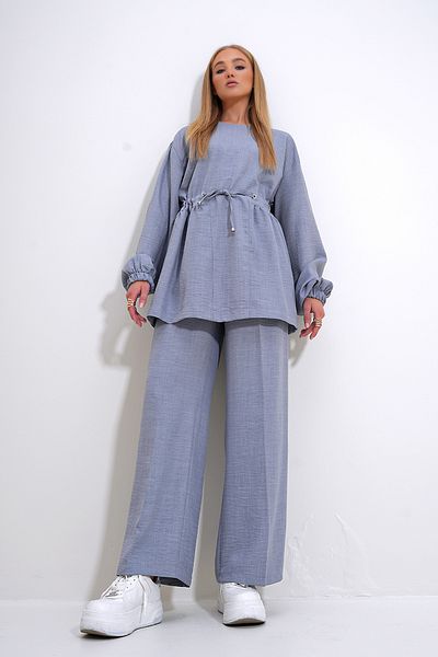Trend Alaçatı Stili Gray Palazzo Tunic Belted Crew Neck Women's Trousers Set - ALC-X12299