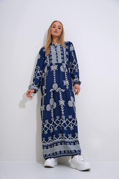 Trend Alaçatı Stili Sötétkék viszkóz hidzsáb ruha - uralkodó gallér, gombos minta, ALC-X12283