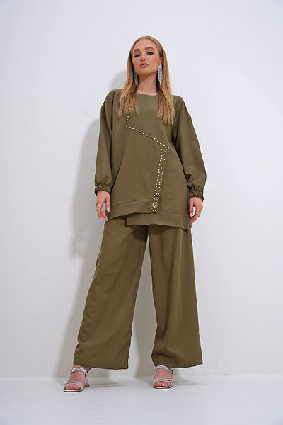 Trend Alaçatı Stili Khaki Women's Tunic and Trousers Set - Crew Neck, Pearl and Stone Embroidered ALC-X12302