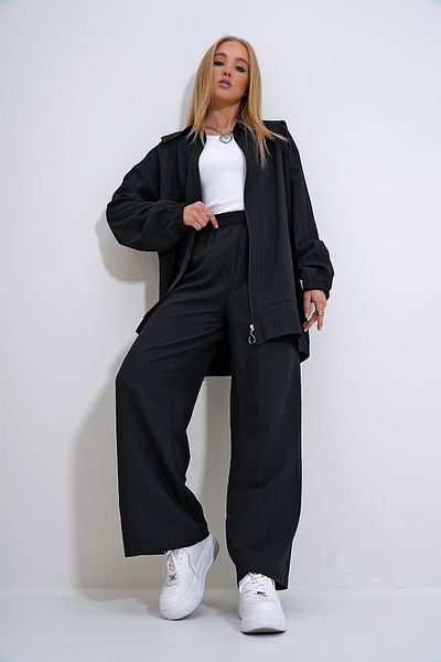 Trend Alaçatı Stili Black Sailor Collar Zippered Jacket and Trousers Set - Alc-x12301