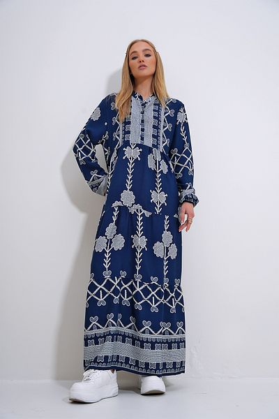 Trend Alaçatı Stili Navy Blue Viscose Hijab Dress - Prevailing Collar, Buttoned Pattern, ALC-X12283