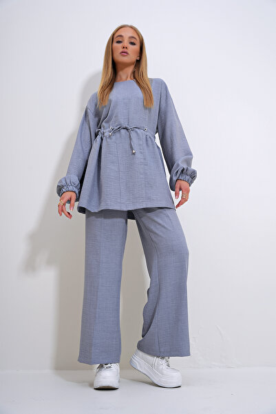 Trend Alaçatı Stili Gray Palazzo Tunic Belted Crew Neck Women's Trousers Set - ALC-X12299