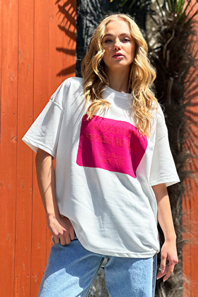 Trend Alaçatı Stili Fuchsiové oversize tričko - Crew Neck, potištěné, ALC-X12171