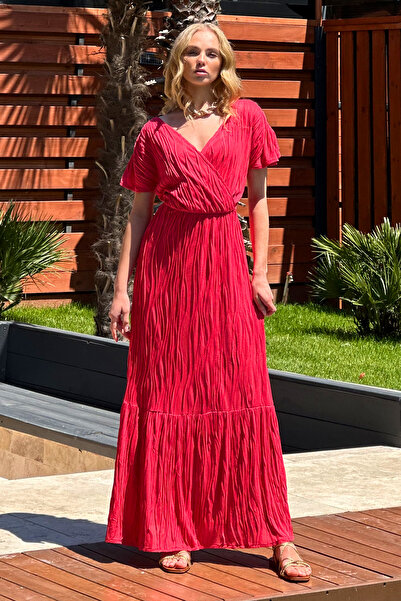 Trend Alaçatı Stili Korallenfarbenes Maxikleid mit zweireihigem Kragen und Volant - ALC-X12344