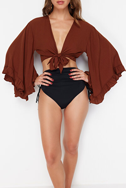 Trendyol Collection Hnědá plážová halenka Crop Woven Flounces TBESS19BB0095