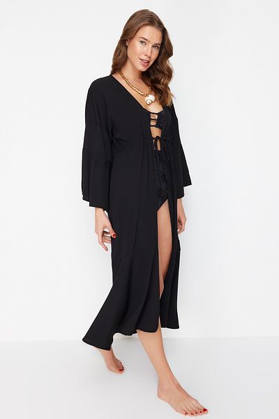Trendyol Collection Maxi Black Drawstring Beach Kimono and Caftan - Tbess23Km00105