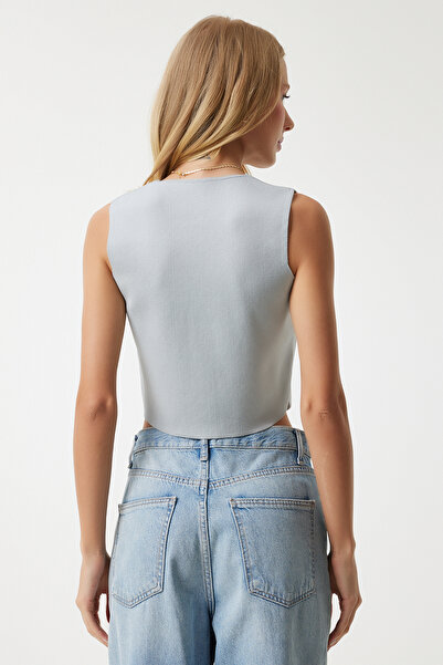 Happiness İstanbul Каменно сива трикотажна жилетка с V-образно деколте - с копчета, лятна, дамска - YY00139