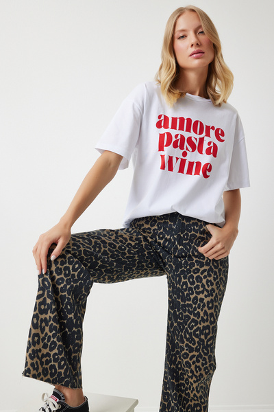 Happiness İstanbul Černé hnědé dámské rovné džíny s leopardím vzorem - UT00012