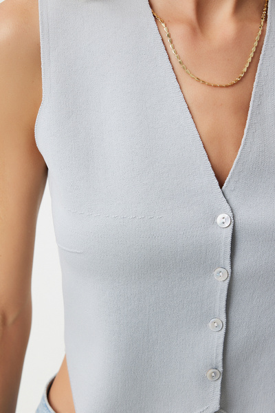 Happiness İstanbul Каменно сива трикотажна жилетка с V-образно деколте - с копчета, лятна, дамска - YY00139