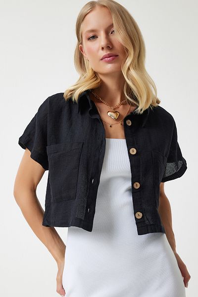 Happiness İstanbul Schwarze strukturierte Bolero-Sommerjacke mit weiten Taschen - GP00004