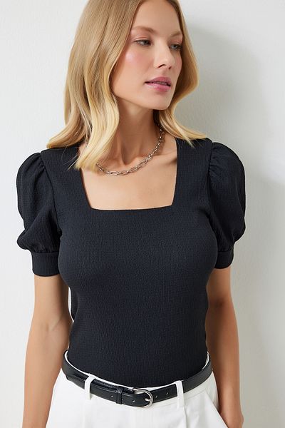 Happiness İstanbul Schwarze Strickbluse mit quadratischem Kragen und Ballonärmeln für Damen DD01051