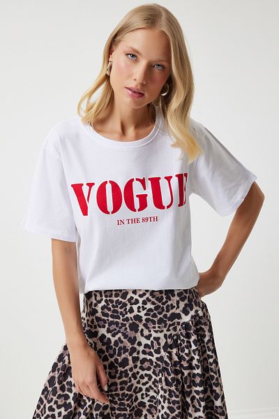 Happiness İstanbul Weißes bedrucktes Damen-T-Shirt aus Baumwolle - AN00196