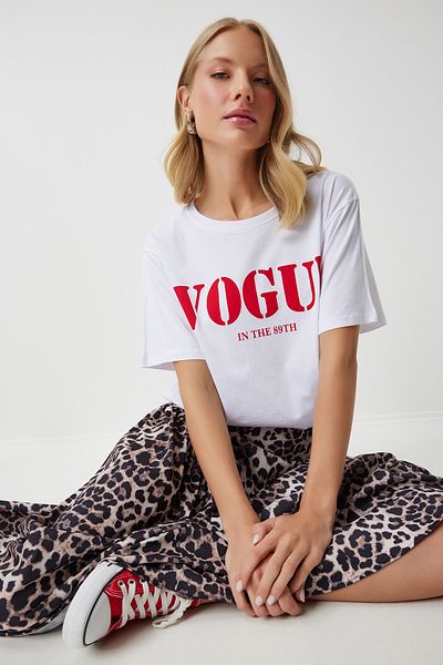 Happiness İstanbul Weißes bedrucktes Damen-T-Shirt aus Baumwolle - AN00196