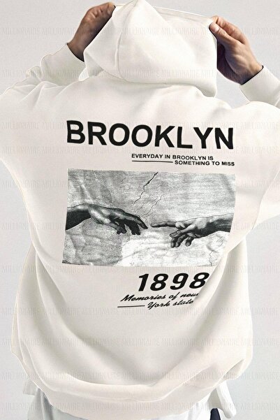 Millionaire Erkek Kırık Beyaz Krem Ekru 1898 Baskılı Kapüşonlu Oversize 3 Iplik Şardonlu Salaş Bol Kesim Hoodie