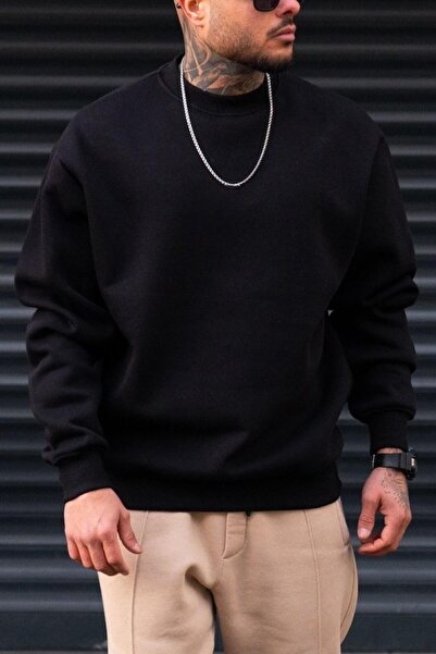 Millionaire Erkek Düz Siyah Basic Baskısız Sıfır Bisiklet Yaka Oversize Salaş Sweatshirt Sweat