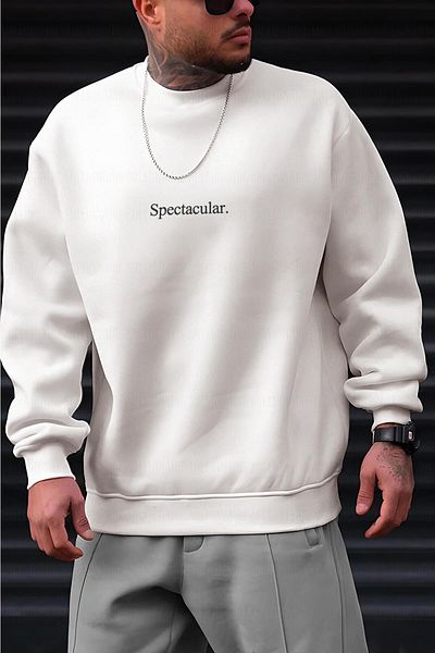 Millionaire Men's Off-White Cream Ecru Spectacular Printed 0 Crew Neck Oversize Loose Loose Fit Polar Sweatshirt