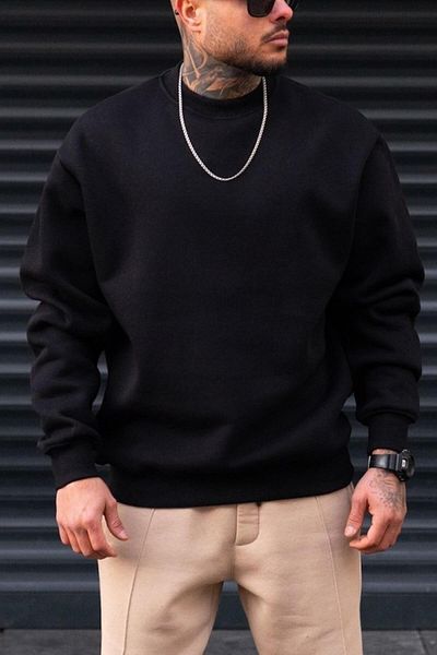 Millionaire Men's Plain Black Basic Unprinted Brand New Crew Neck Oversize Loose Sweatshirt Sweat