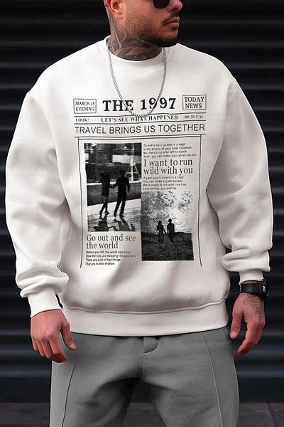 Millionaire Ανδρικό εκρού εκρού εκρού 1997 με στάμπα 0 Crew Neck Oversize Loose Loose Fet Fleece φούτερ