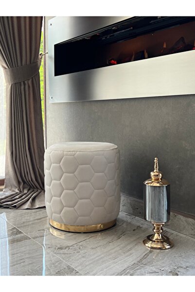 Holm Ev Design Lüks Modern Baby Face Kumaşlı Gold Detaylı Yuvarlak Silinebilir Petek Puf