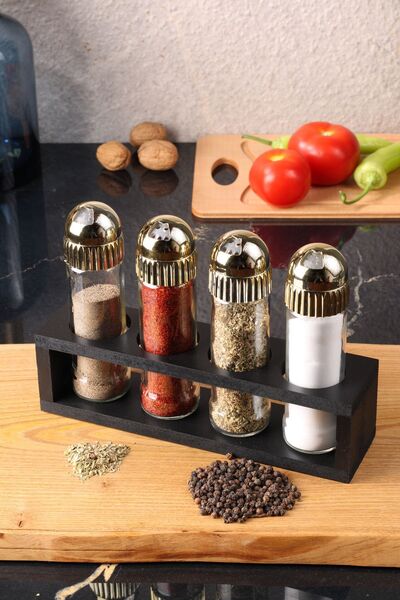 AzzaWood Elegans Cam Tuzluk & Biberlik & Baharat Seti, 4 lü – Gold Renk, Oval...