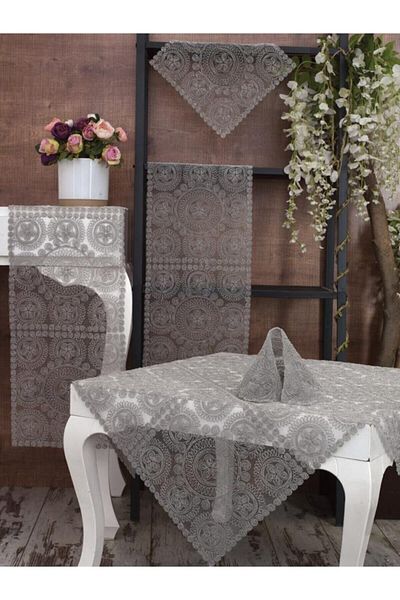 Tropikhome Victoria Gray Living Room Set - 5 Piece Embroidery Dowry Set