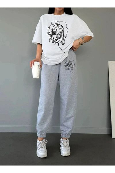 TAHANI Women's Aesthetic Tracksuit Set - Drawing Printed T-shirt and Sweatpants