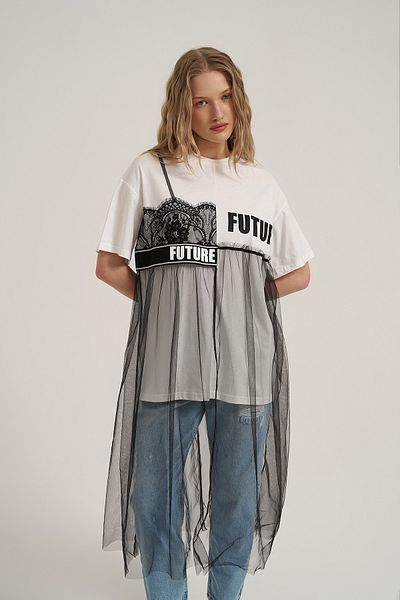 Quzu Tricou cu dantelă cu detalii din tul Ecru