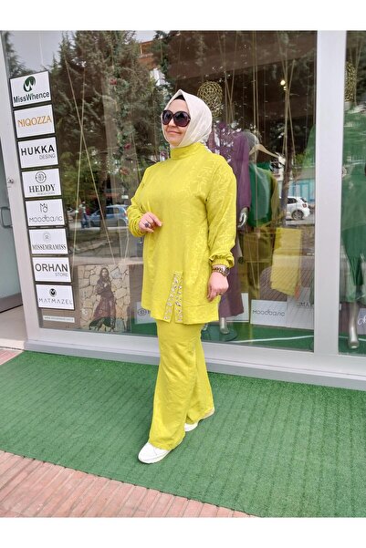 Moodbasic MOODBASİC YIRTMAÇLI TAŞLI PAMUKLU TAKIM ASİT SARI MB24.618